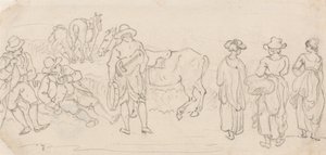 Figura com alaúde e pandeiro, com outras figuras - homens descansando, mulheres do campo, cavalos, etc. de Paul Sandby